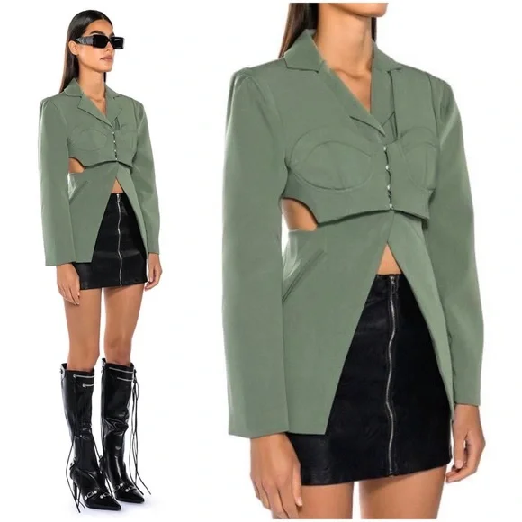 Brand New AKIRA Corset Blazer Side Cutouts Bustier Front Sage Green Avant-Garde - Picture 9 of 9
